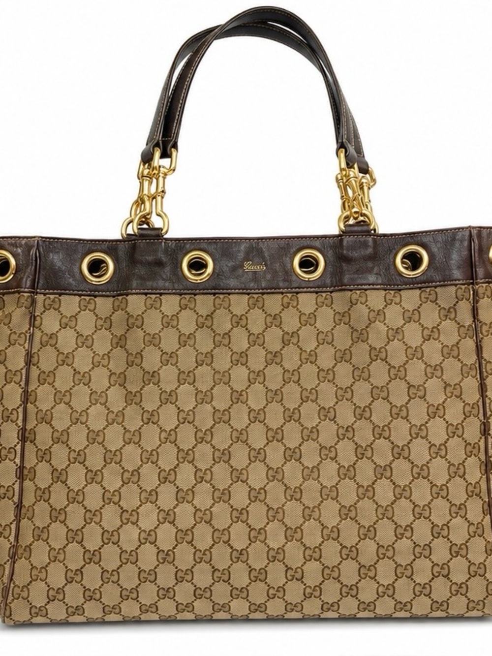 Gucci Brown Beige GG Canvas Tote with Dark Brown Trim
